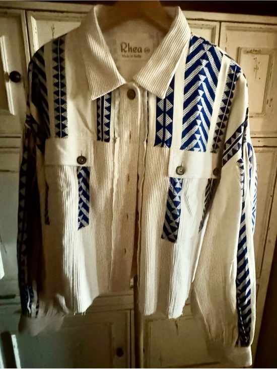 Jackets & Blazers - Rhea White Jacket with Blue Geometric Trim